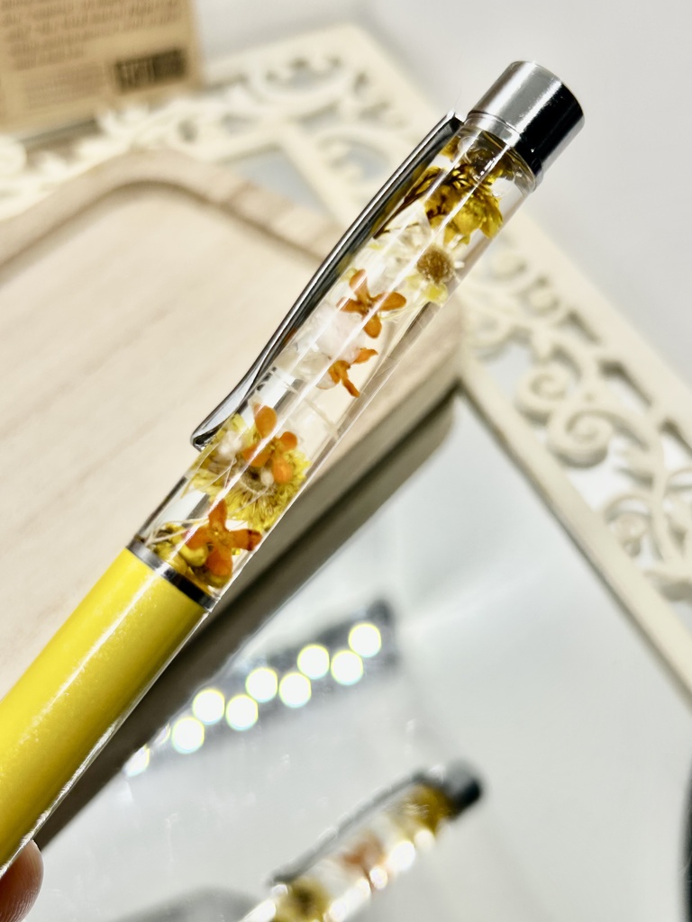 ⑤名前入れ可!キンモクセイ入りハーバリウムボールペン 黄色×黄色オレンジ金具シルバー ハンドメイド 推し活おしゃれギフト