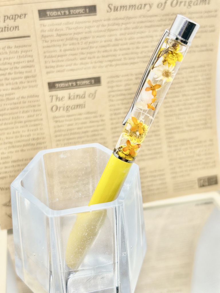 ⑤名前入れ可!キンモクセイ入りハーバリウムボールペン 黄色×黄色オレンジ金具シルバー ハンドメイド 推し活おしゃれギフト