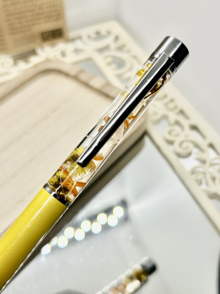 ⑤名前入れ可!キンモクセイ入りハーバリウムボールペン 黄色×黄色オレンジ金具シルバー ハンドメイド 推し活おしゃれギフト