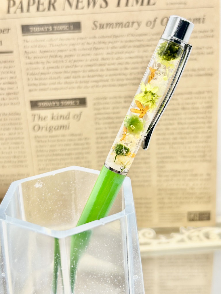 ⑥名前入れ可!キンモクセイ入りハーバリウムボールペン 黄緑×緑オレンジ金具シルバー ハンドメイド 推し活おしゃれギフト