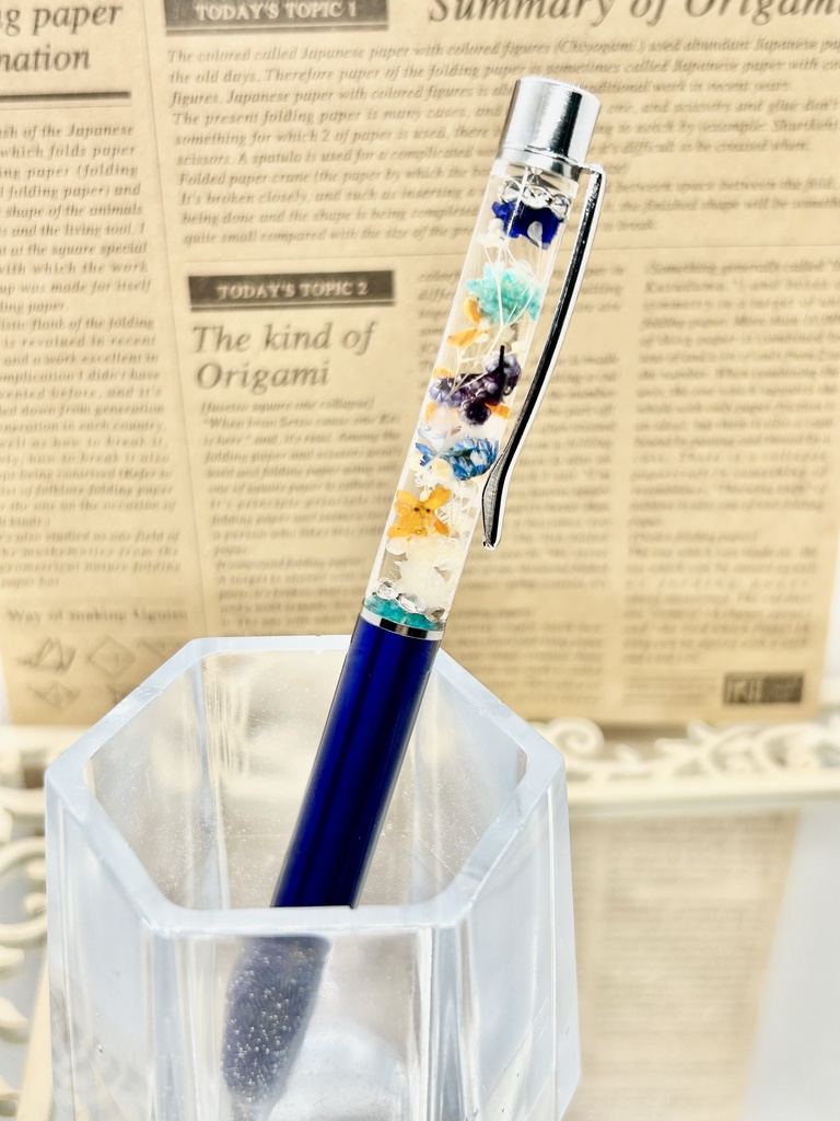 ⑦名前入れ可!キンモクセイ入りハーバリウムボールペン メタリックブルー×水色金具シルバー ハンドメイド 推し活おしゃれギフト