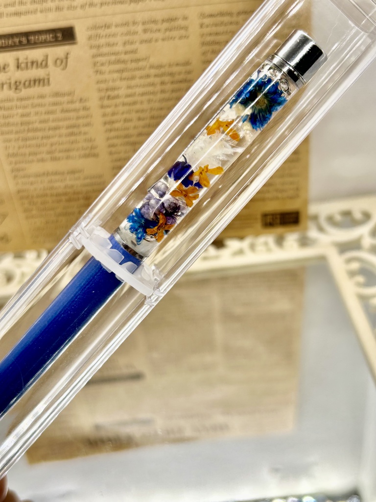 ⑧名前入れ可!キンモクセイ入りハーバリウムボールペン マリンブルー×青色金具シルバー ハンドメイド 推し活おしゃれギフト
