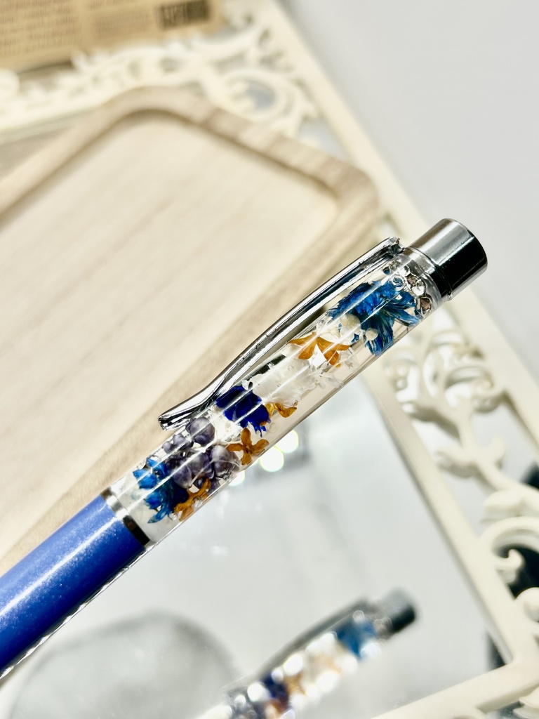 ⑧名前入れ可!キンモクセイ入りハーバリウムボールペン マリンブルー×青色金具シルバー ハンドメイド 推し活おしゃれギフト