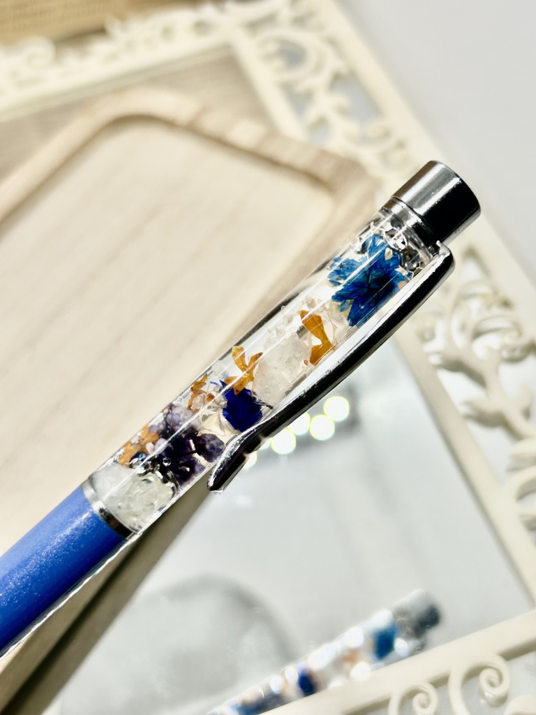 ⑧名前入れ可!キンモクセイ入りハーバリウムボールペン マリンブルー×青色金具シルバー ハンドメイド 推し活おしゃれギフト