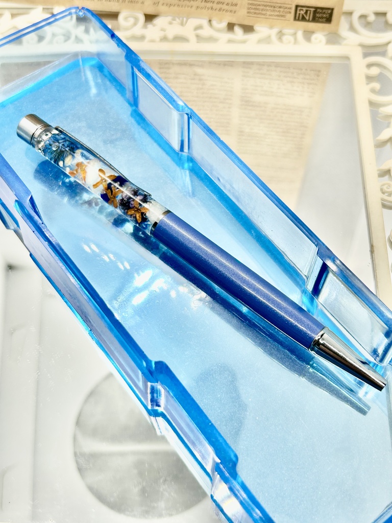⑧名前入れ可!キンモクセイ入りハーバリウムボールペン マリンブルー×青色金具シルバー ハンドメイド 推し活おしゃれギフト