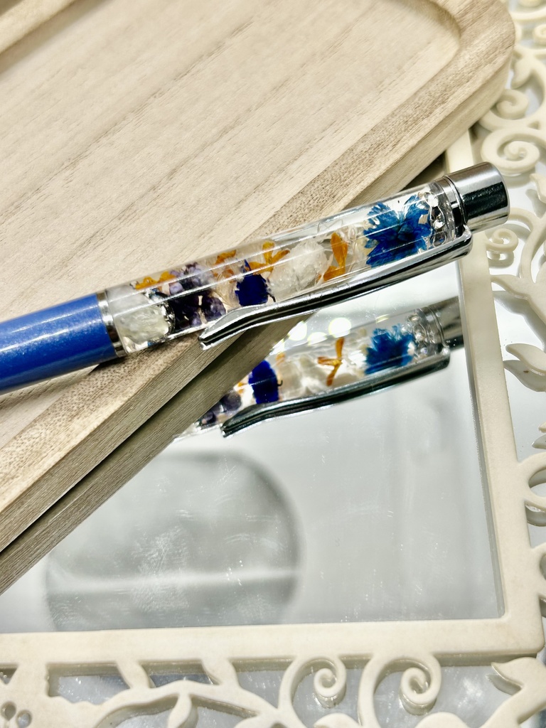 ⑧名前入れ可!キンモクセイ入りハーバリウムボールペン マリンブルー×青色金具シルバー ハンドメイド 推し活おしゃれギフト