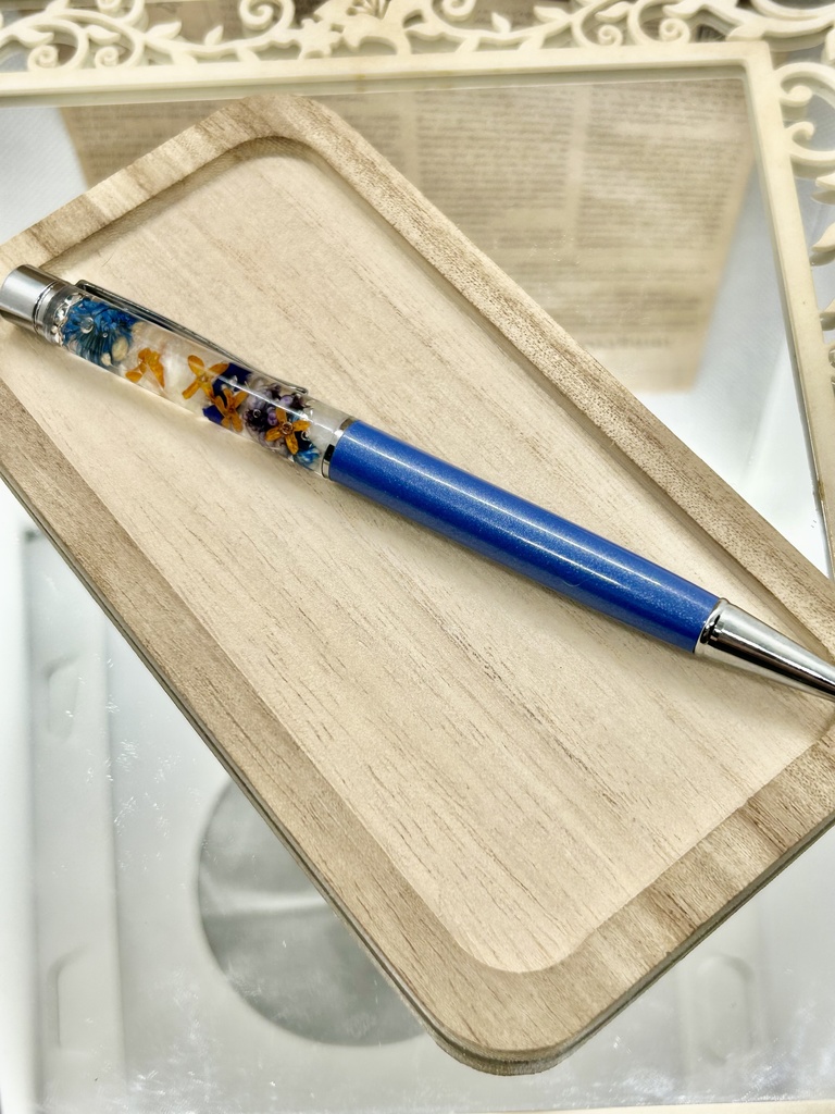⑧名前入れ可!キンモクセイ入りハーバリウムボールペン マリンブルー×青色金具シルバー ハンドメイド 推し活おしゃれギフト