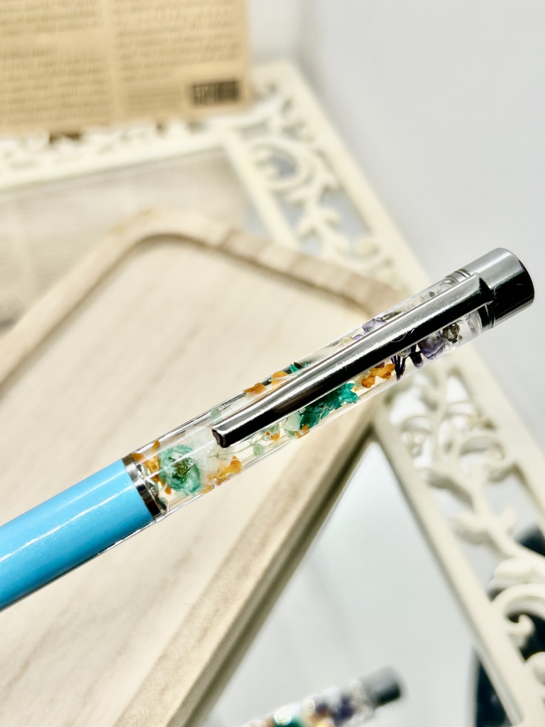⑨名前入れ可!キンモクセイ入りハーバリウムボールペン 水色×オレンジ金具シルバー ハンドメイド 推し活おしゃれギフト