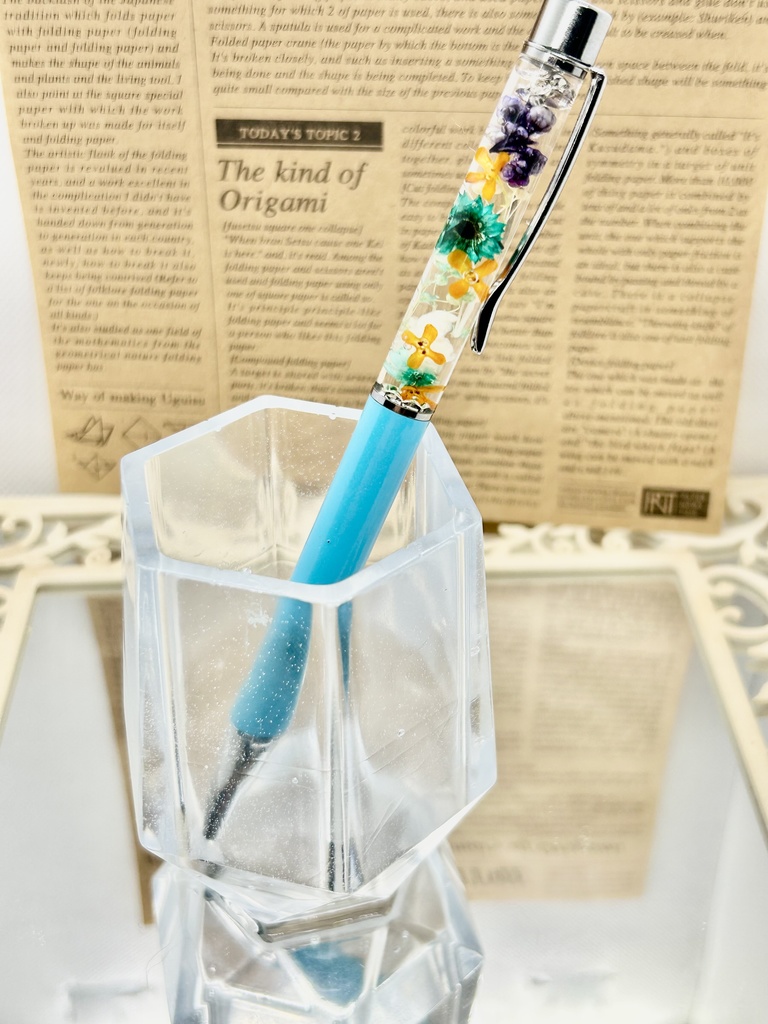 ⑨名前入れ可!キンモクセイ入りハーバリウムボールペン 水色×オレンジ金具シルバー ハンドメイド 推し活おしゃれギフト