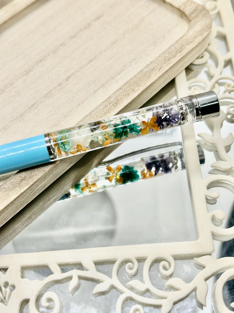 ⑨名前入れ可!キンモクセイ入りハーバリウムボールペン 水色×オレンジ金具シルバー ハンドメイド 推し活おしゃれギフト