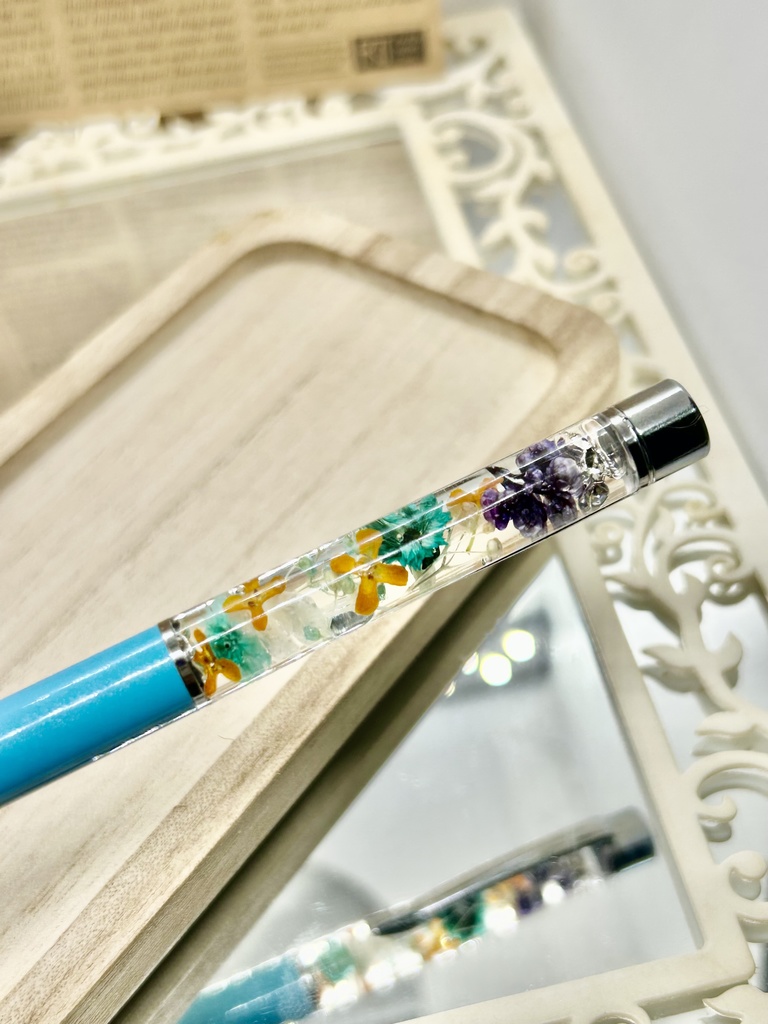 ⑨名前入れ可!キンモクセイ入りハーバリウムボールペン 水色×オレンジ金具シルバー ハンドメイド 推し活おしゃれギフト