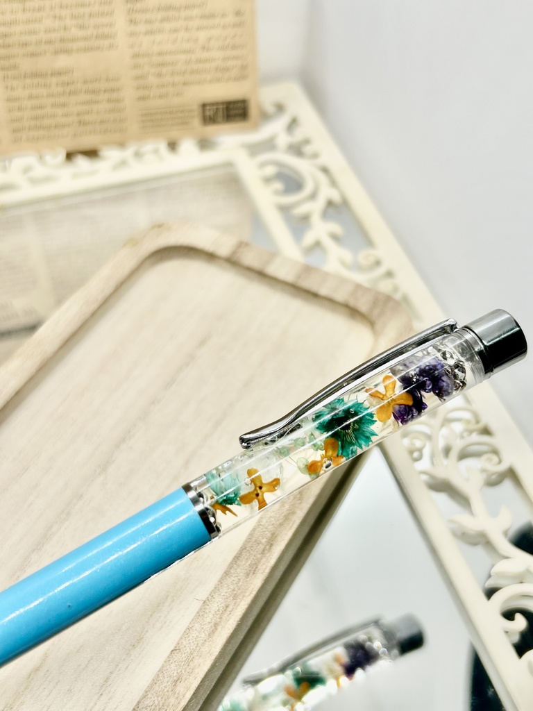 ⑨名前入れ可!キンモクセイ入りハーバリウムボールペン 水色×オレンジ金具シルバー ハンドメイド 推し活おしゃれギフト