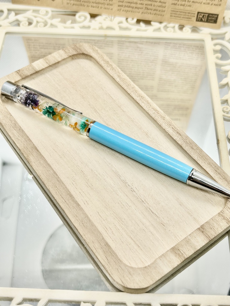 ⑨名前入れ可!キンモクセイ入りハーバリウムボールペン 水色×オレンジ金具シルバー ハンドメイド 推し活おしゃれギフト