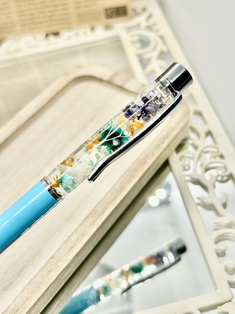⑨名前入れ可!キンモクセイ入りハーバリウムボールペン 水色×オレンジ金具シルバー ハンドメイド 推し活おしゃれギフト