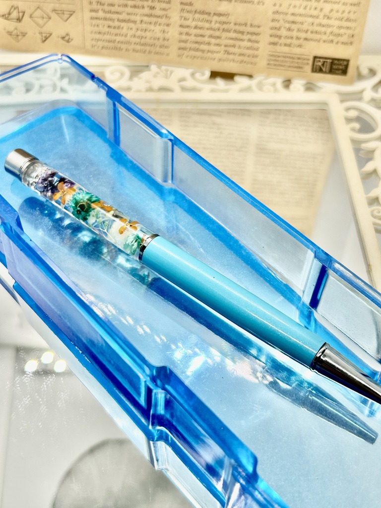 ⑨名前入れ可!キンモクセイ入りハーバリウムボールペン 水色×オレンジ金具シルバー ハンドメイド 推し活おしゃれギフト
