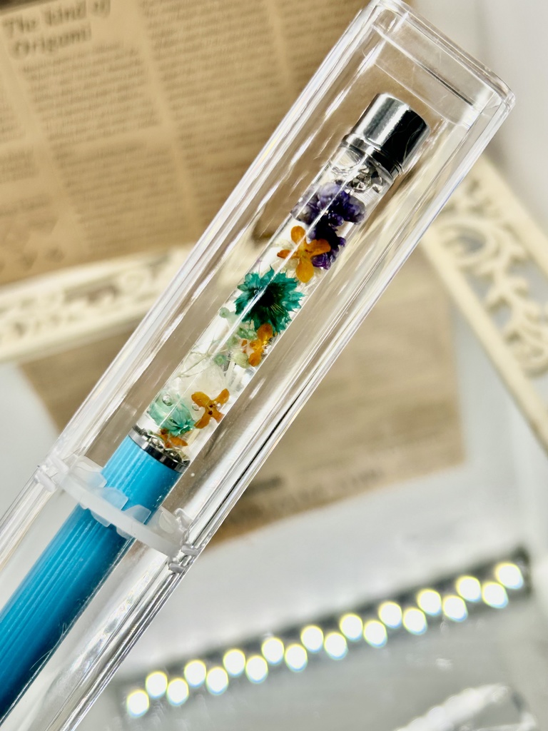 ⑨名前入れ可!キンモクセイ入りハーバリウムボールペン 水色×オレンジ金具シルバー ハンドメイド 推し活おしゃれギフト