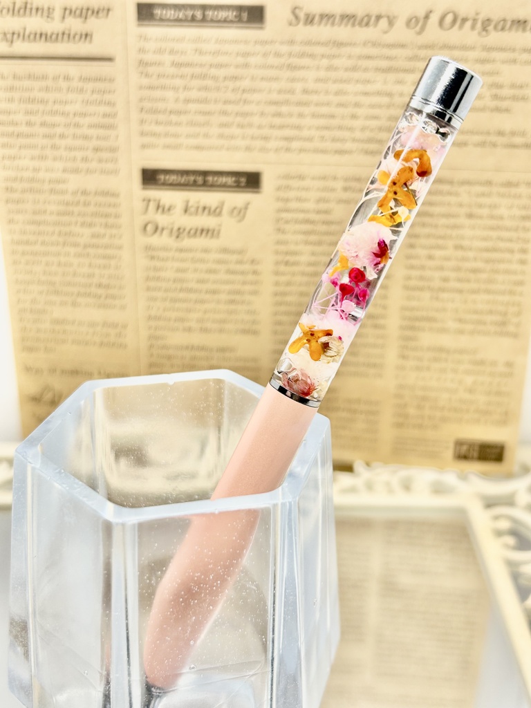 ⑪名前入れ可!キンモクセイ入りハーバリウムボールペン サーモンピンク×ピンク金具シルバー ハンドメイド 推し活おしゃれギフト