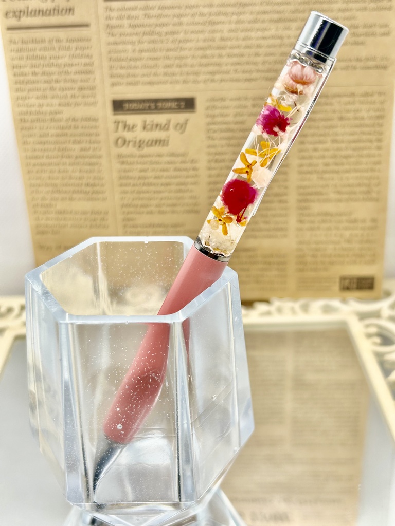 ⑫名前入れ可!キンモクセイ入りハーバリウムボールペン ピンク×ピンク金具シルバー ハンドメイド 推し活おしゃれギフト オレンジ