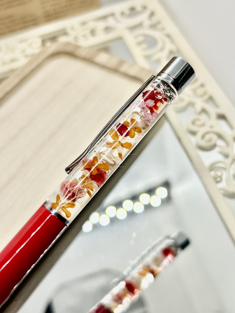 ⑬名前入れ可!キンモクセイ入りハーバリウムボールペン 赤×赤金具シルバー ハンドメイド 推し活おしゃれギフト