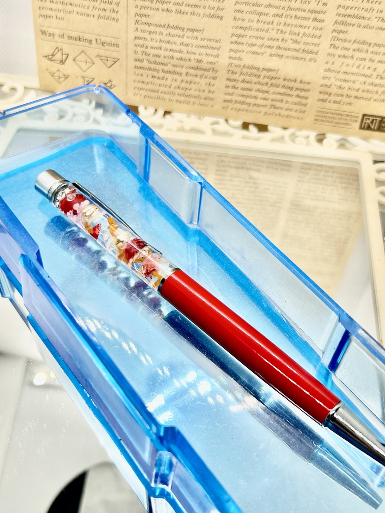 ⑬名前入れ可!キンモクセイ入りハーバリウムボールペン 赤×赤金具シルバー ハンドメイド 推し活おしゃれギフト