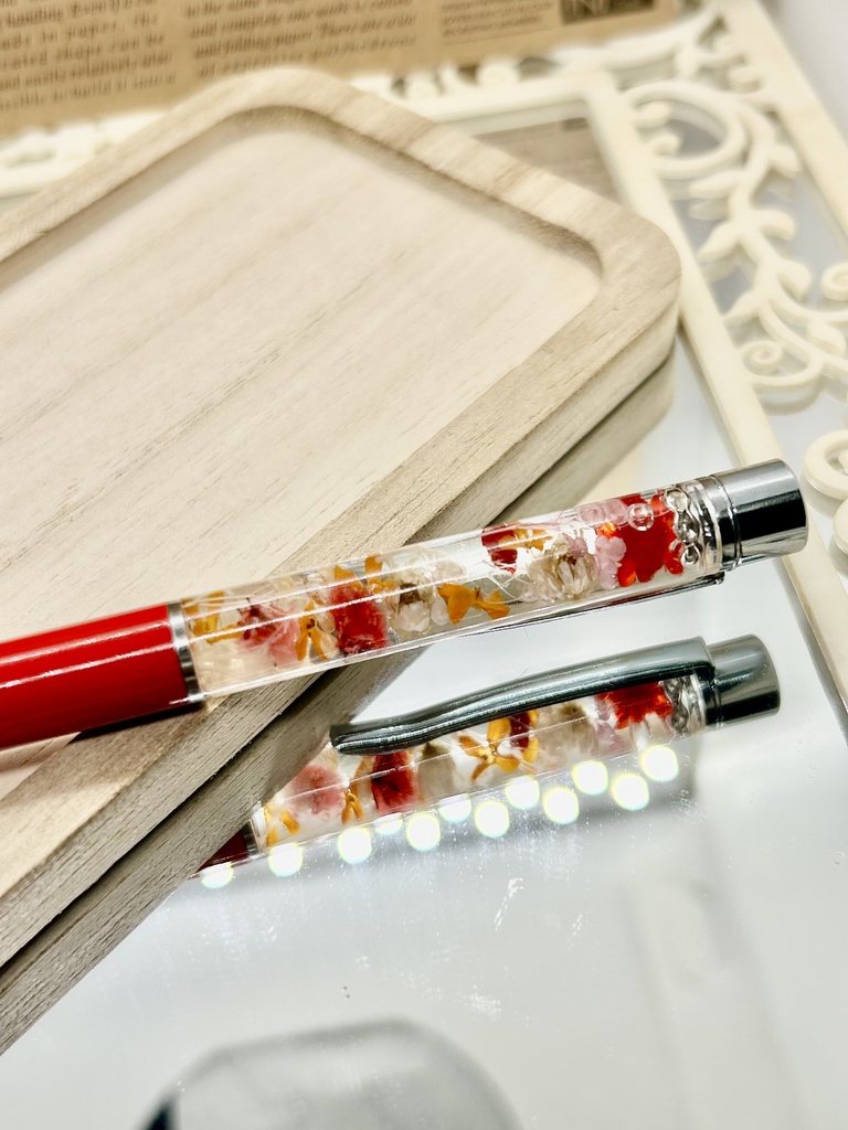 ⑬名前入れ可!キンモクセイ入りハーバリウムボールペン 赤×赤金具シルバー ハンドメイド 推し活おしゃれギフト