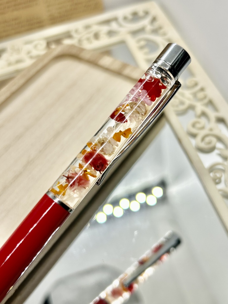 ⑬名前入れ可!キンモクセイ入りハーバリウムボールペン 赤×赤金具シルバー ハンドメイド 推し活おしゃれギフト
