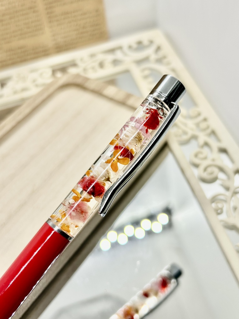 ⑬名前入れ可!キンモクセイ入りハーバリウムボールペン 赤×赤金具シルバー ハンドメイド 推し活おしゃれギフト