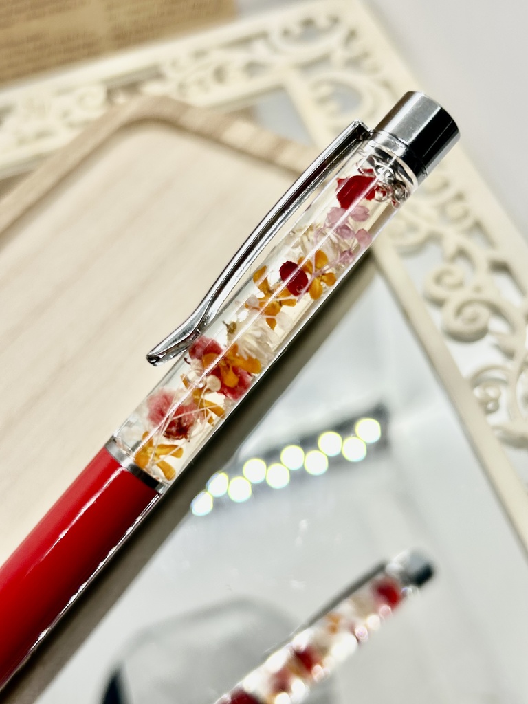 ⑬名前入れ可!キンモクセイ入りハーバリウムボールペン 赤×赤金具シルバー ハンドメイド 推し活おしゃれギフト