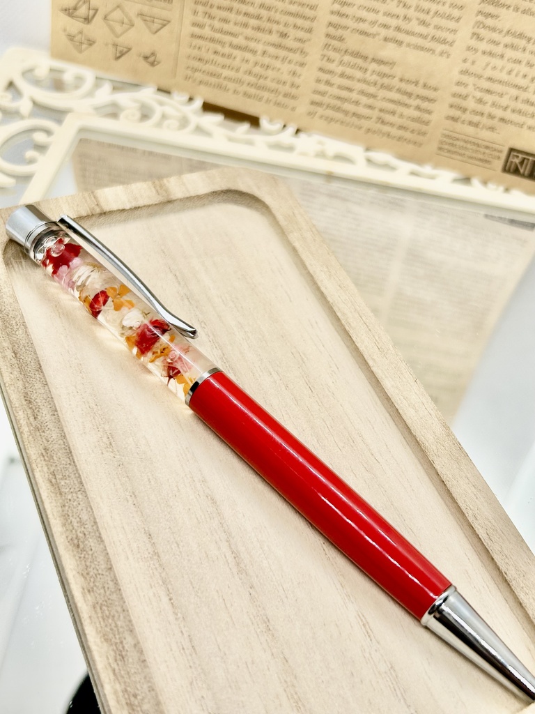 ⑬名前入れ可!キンモクセイ入りハーバリウムボールペン 赤×赤金具シルバー ハンドメイド 推し活おしゃれギフト