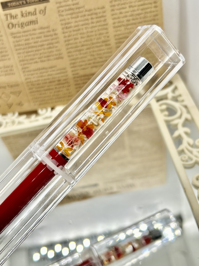 ⑬名前入れ可!キンモクセイ入りハーバリウムボールペン 赤×赤金具シルバー ハンドメイド 推し活おしゃれギフト