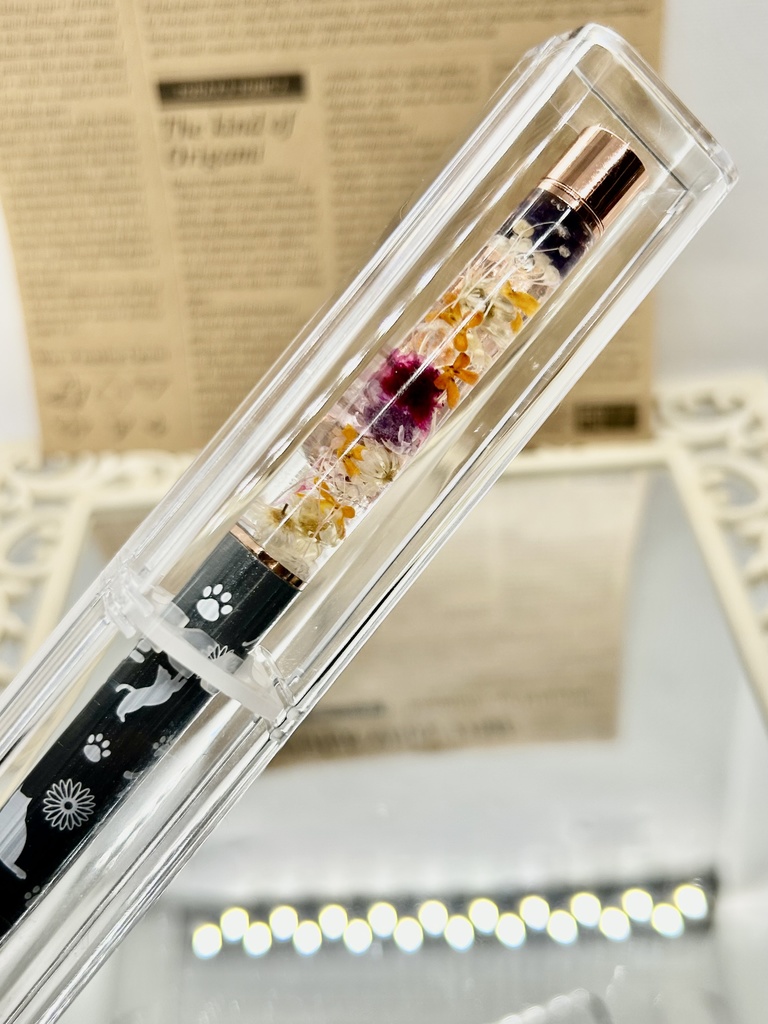 ③猫柄ハーバリウムボールペン 本体グレー×オレンジ紫 金木犀入り ハンドメイド ドライフラワー文房具 筆記用具プレゼント推しカラー