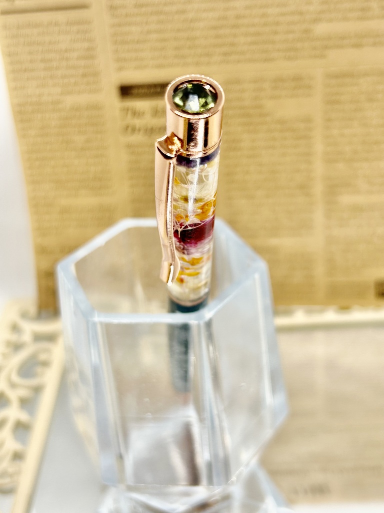 ③猫柄ハーバリウムボールペン 本体グレー×オレンジ紫 金木犀入り ハンドメイド ドライフラワー文房具 筆記用具プレゼント推しカラー