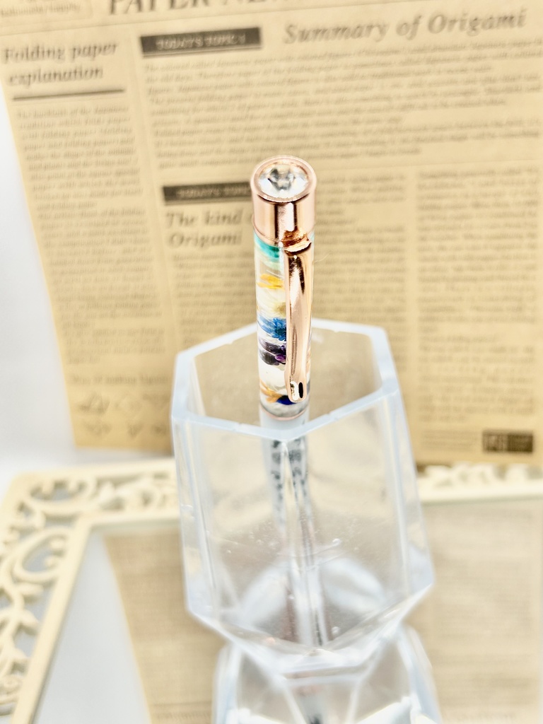 ④猫柄ハーバリウムボールペン 本体シルバー×オレンジ 金木犀入り ハンドメイド ドライフラワー文房具 筆記用具プレゼント推しカラー