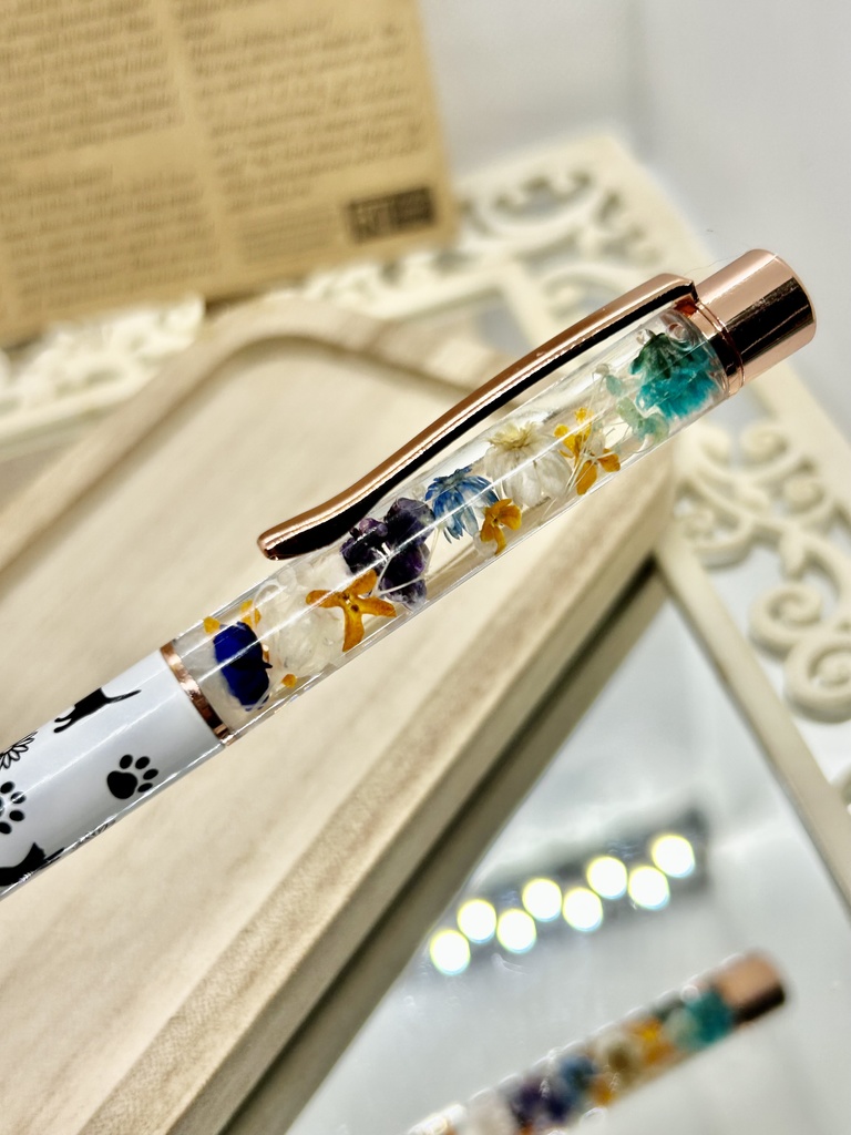 ④猫柄ハーバリウムボールペン 本体シルバー×オレンジ 金木犀入り ハンドメイド ドライフラワー文房具 筆記用具プレゼント推しカラー