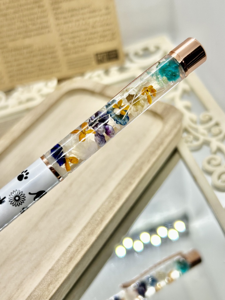 ④猫柄ハーバリウムボールペン 本体シルバー×オレンジ 金木犀入り ハンドメイド ドライフラワー文房具 筆記用具プレゼント推しカラー