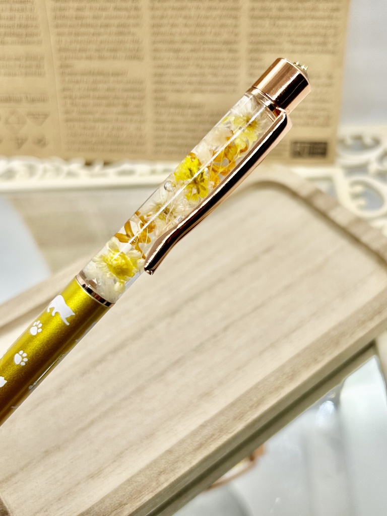 ⑥猫柄ハーバリウムボールペン本体メタリックイエロー×オレンジ黄色金木犀入りハンドメイドドライフラワー文房具筆記用具プレゼント推し色