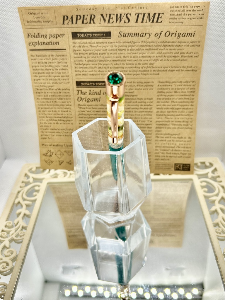 ⑧猫柄ハーバリウムボールペン本体メタリックグリーン×オレンジ黄色金木犀入りハンドメイドドライフラワー文房具筆記用具プレゼント推し色