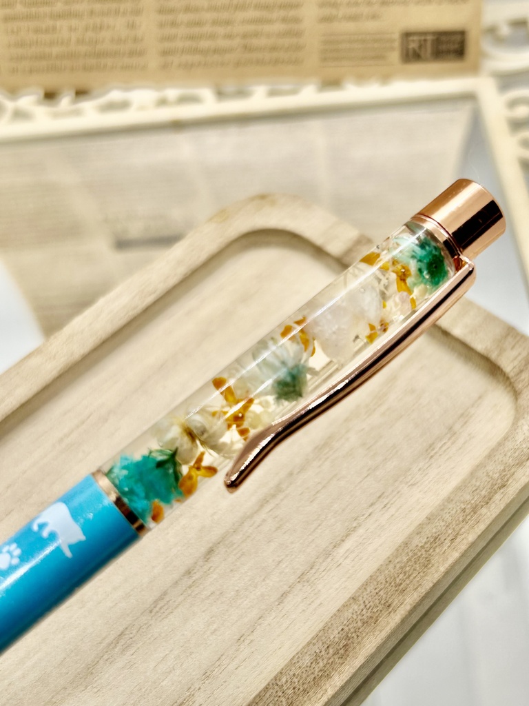 ⑨猫柄ハーバリウムボールペン本体水色×オレンジ水色金木犀入りハンドメイドドライフラワー文房具筆記用具プレゼント推し色