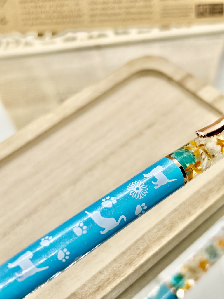 ⑨猫柄ハーバリウムボールペン本体水色×オレンジ水色金木犀入りハンドメイドドライフラワー文房具筆記用具プレゼント推し色