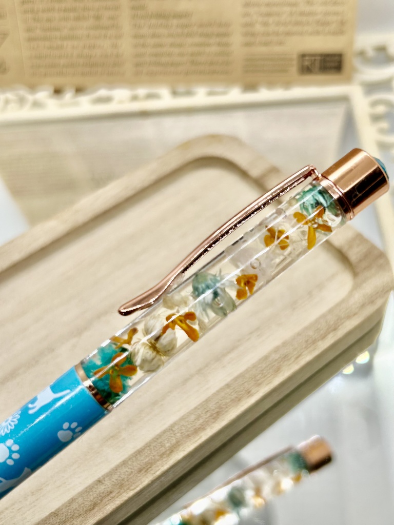 ⑨猫柄ハーバリウムボールペン本体水色×オレンジ水色金木犀入りハンドメイドドライフラワー文房具筆記用具プレゼント推し色