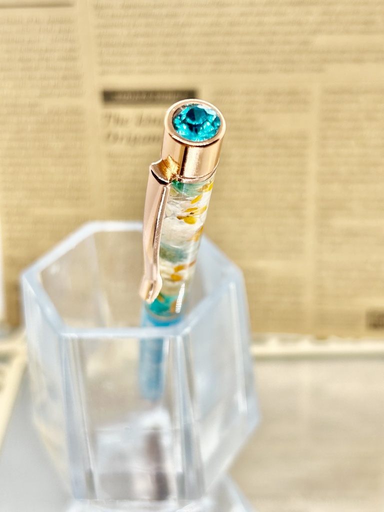 ⑨猫柄ハーバリウムボールペン本体水色×オレンジ水色金木犀入りハンドメイドドライフラワー文房具筆記用具プレゼント推し色