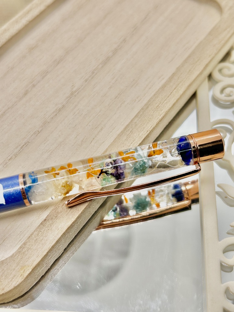 ⑩猫柄ハーバリウムボールペン本体マリンブルー×オレンジ水色金木犀入りハンドメイドドライフラワー文房具筆記用具プレゼント推し色