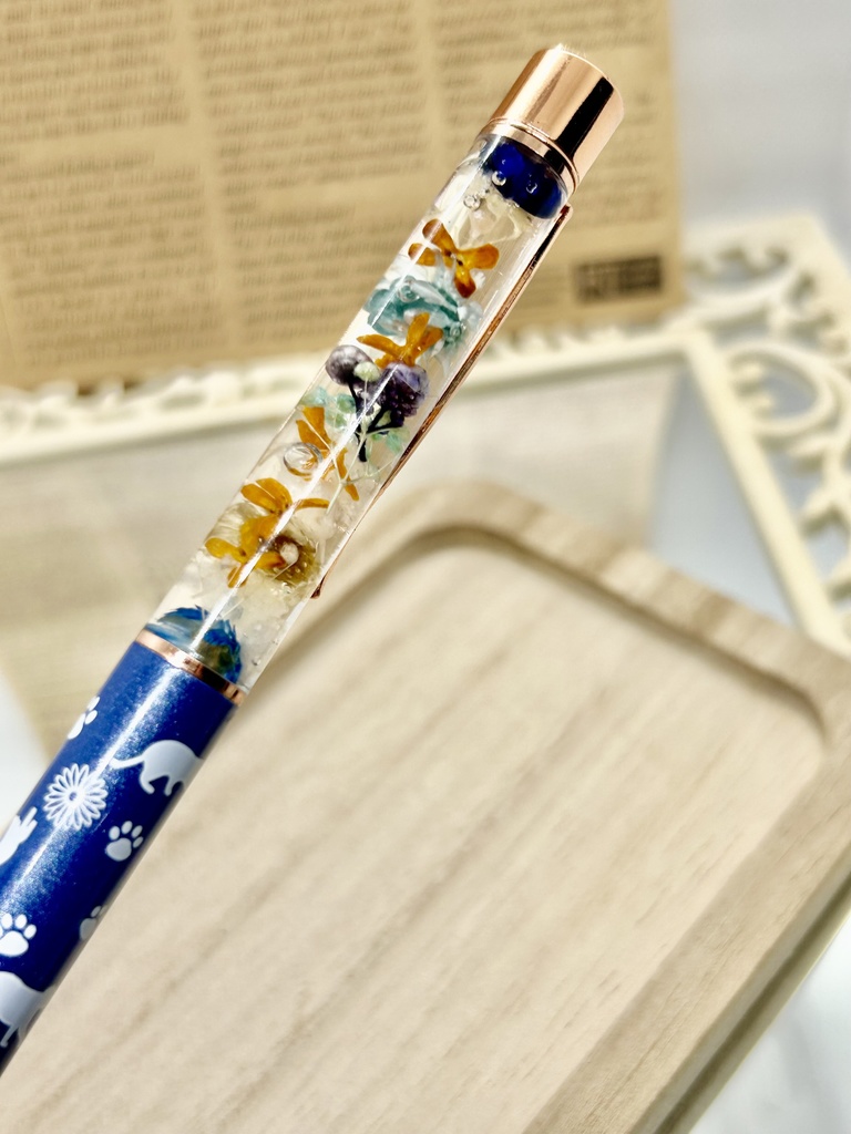 ⑩猫柄ハーバリウムボールペン本体マリンブルー×オレンジ水色金木犀入りハンドメイドドライフラワー文房具筆記用具プレゼント推し色