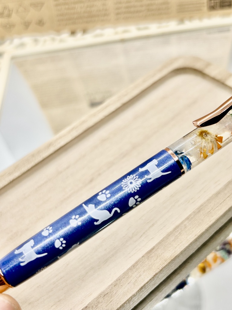 ⑩猫柄ハーバリウムボールペン本体マリンブルー×オレンジ水色金木犀入りハンドメイドドライフラワー文房具筆記用具プレゼント推し色