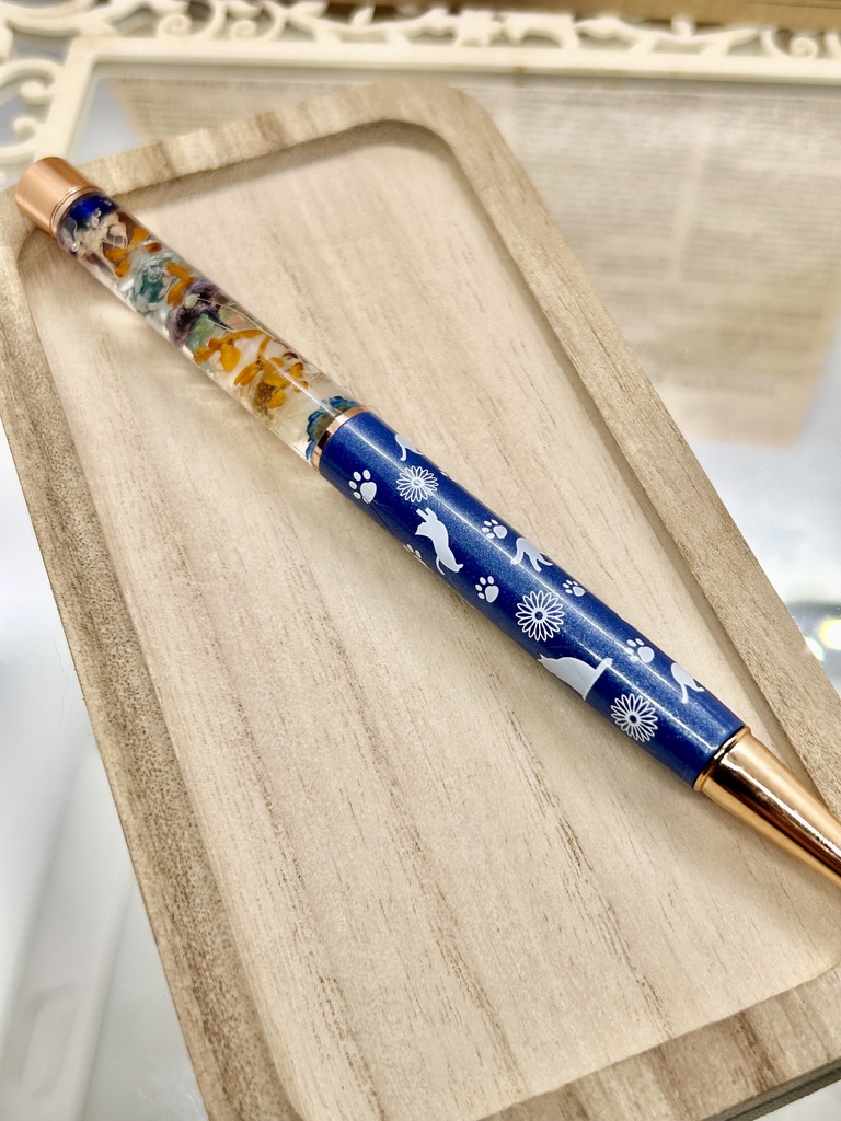 ⑩猫柄ハーバリウムボールペン本体マリンブルー×オレンジ水色金木犀入りハンドメイドドライフラワー文房具筆記用具プレゼント推し色