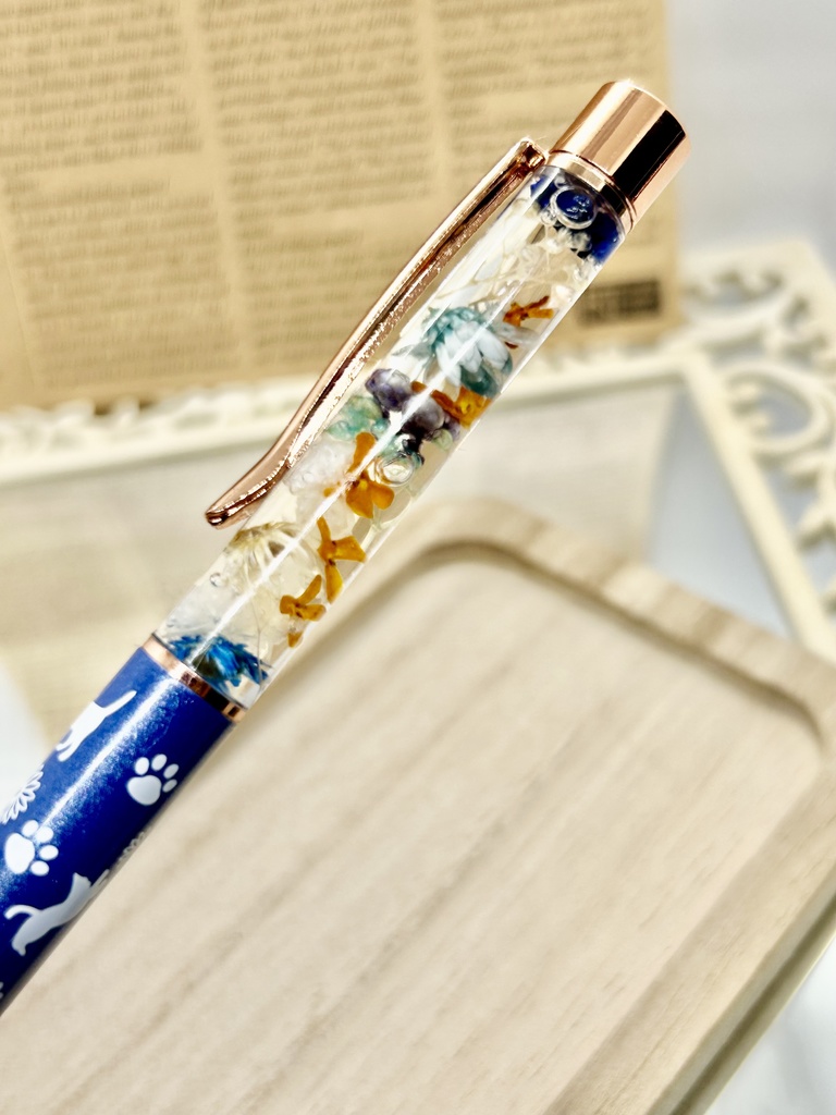 ⑩猫柄ハーバリウムボールペン本体マリンブルー×オレンジ水色金木犀入りハンドメイドドライフラワー文房具筆記用具プレゼント推し色