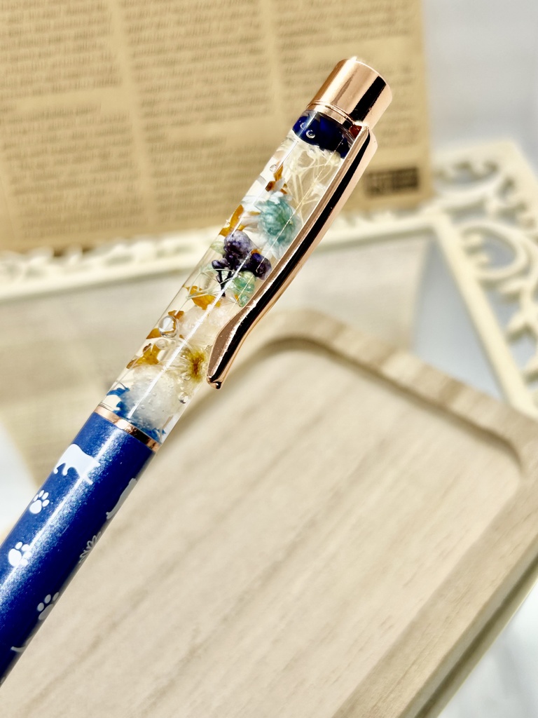 ⑩猫柄ハーバリウムボールペン本体マリンブルー×オレンジ水色金木犀入りハンドメイドドライフラワー文房具筆記用具プレゼント推し色