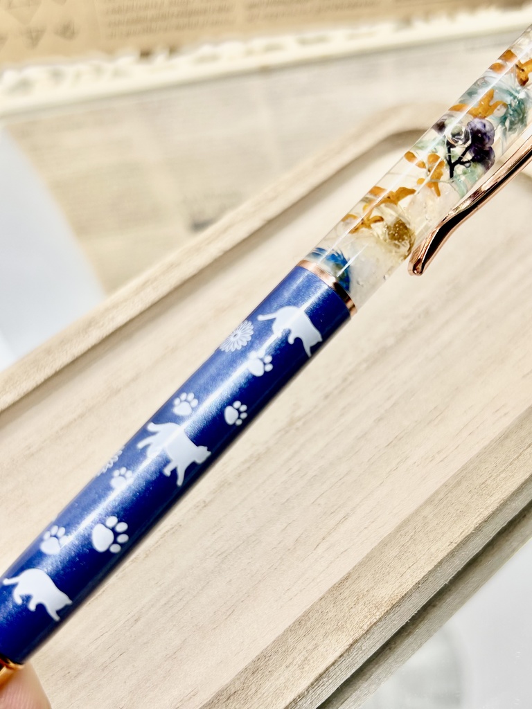 ⑩猫柄ハーバリウムボールペン本体マリンブルー×オレンジ水色金木犀入りハンドメイドドライフラワー文房具筆記用具プレゼント推し色