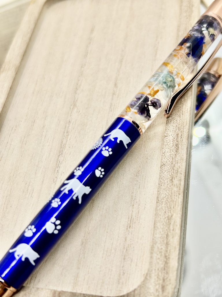 ⑪猫柄ハーバリウムボールペン本体メタリックブルー×オレンジ水色金木犀入りハンドメイドドライフラワー文房具筆記用具プレゼント推し色