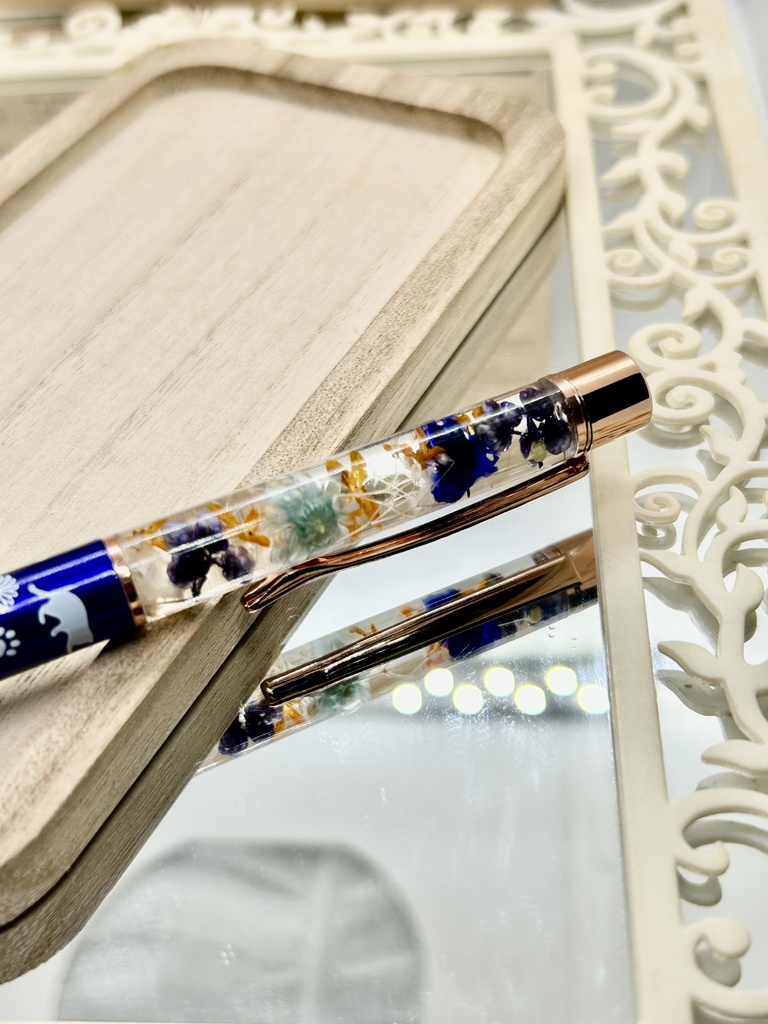 ⑪猫柄ハーバリウムボールペン本体メタリックブルー×オレンジ水色金木犀入りハンドメイドドライフラワー文房具筆記用具プレゼント推し色